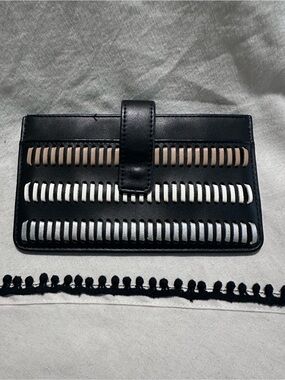 Black Leather Accordion-Stitch Wallet Clutch - Silver, Cream and Tan
